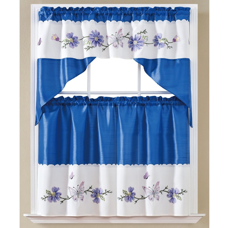 Butterfly 3-Piece Embroidery Kitchen Curtain Set with Swag Valance, Blue, 30x36 Inches
