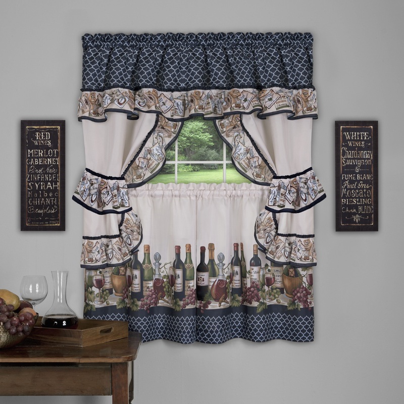 Chateau Cottage Printed Kitchen Curtain Set, 57x24 Inches, Navy