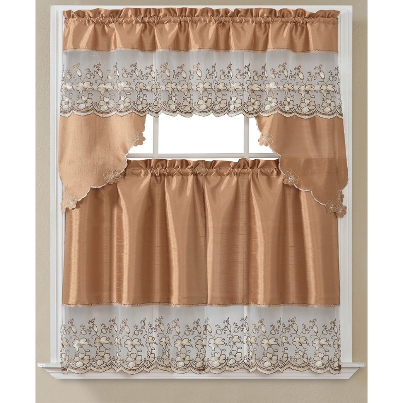 Eden 3-Piece Floral Embroidery Kitchen Curtain Set with Swag Valance, Taupe, 30x36 Inches