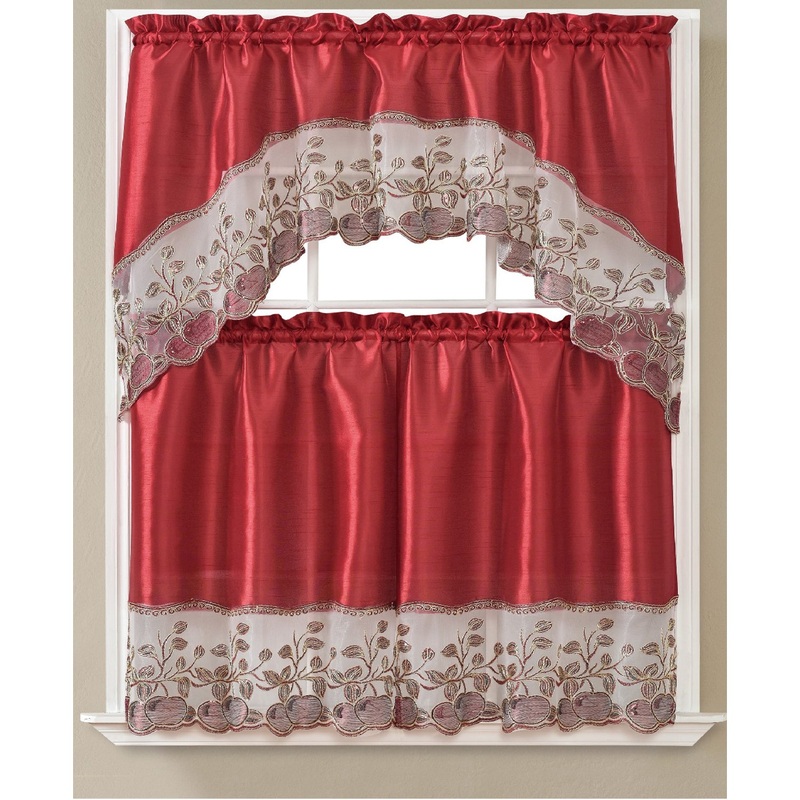 Freya 3-Piece Apple Embroidery Kitchen Curtain Set with Swag Valance, Burgundy, 30x36 Inches