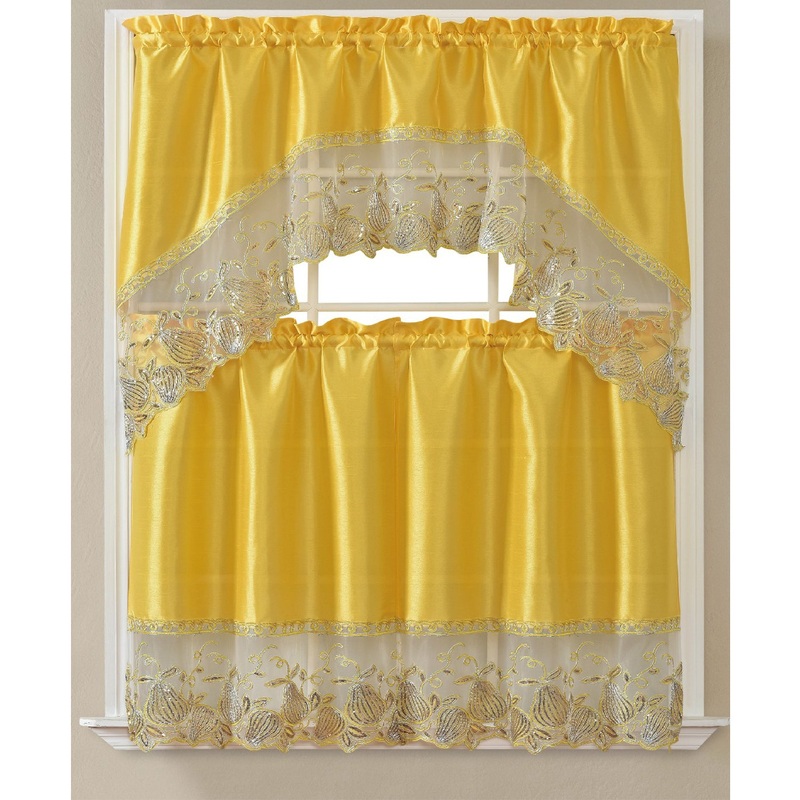 Kirra 3-Piece Pear Embroidery Kitchen Curtain Set with Swag Valance, Yellow, 30x36 Inches