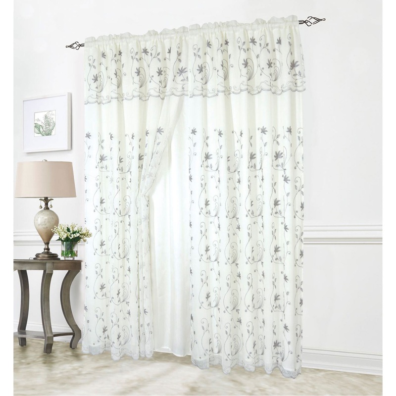 Liliana Floral Embroidered Rod Pocket Window Panel With Valance and Backing, 54x90 Inches