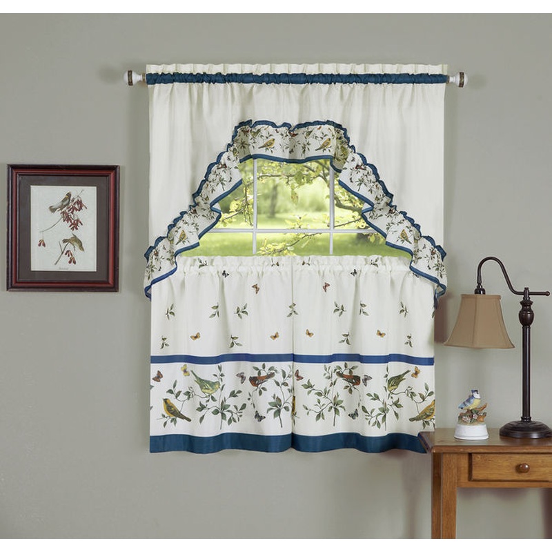 Love Birds Printed Tier and Swag Kitchen Curtain Set, 57x24 Inches, Blue