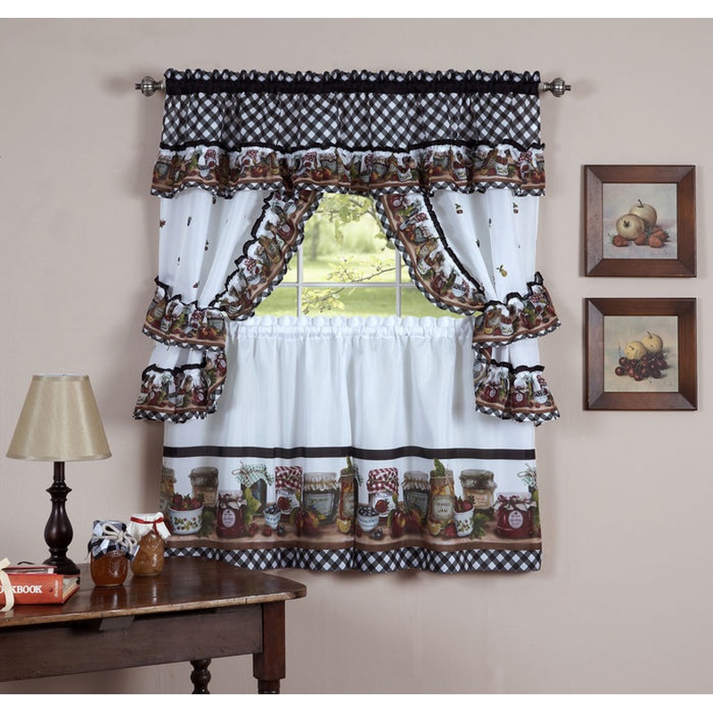 Mason Jars Printed Kitchen Curtain Set, 57x24 Inches, Black-White