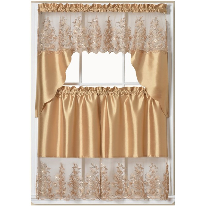 Paula 3-Piece Organza Embroidered Kitchen Curtain Set, Gold, Tiers 30x36, Valance 60x36 Inches