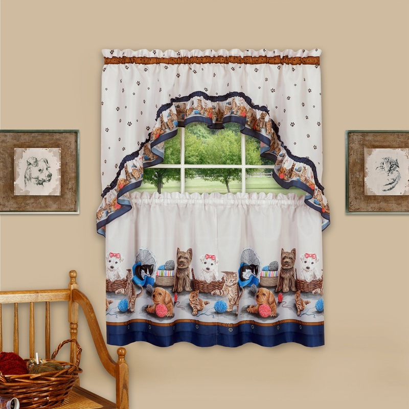 Precious Printed Tier and Swag Kitchen Curtain Set, 57x24 Inches, Navy