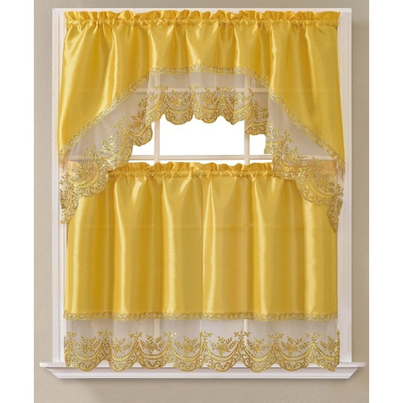 Remi 3-Piece Sequins Embroidery Kitchen Curtain Set with Swag Valance, 30x36 Inches
