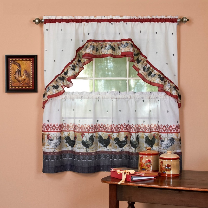 Rooster Printed Tier and Swag Kitchen Curtain Set, 57x24 Inches, Burgundy