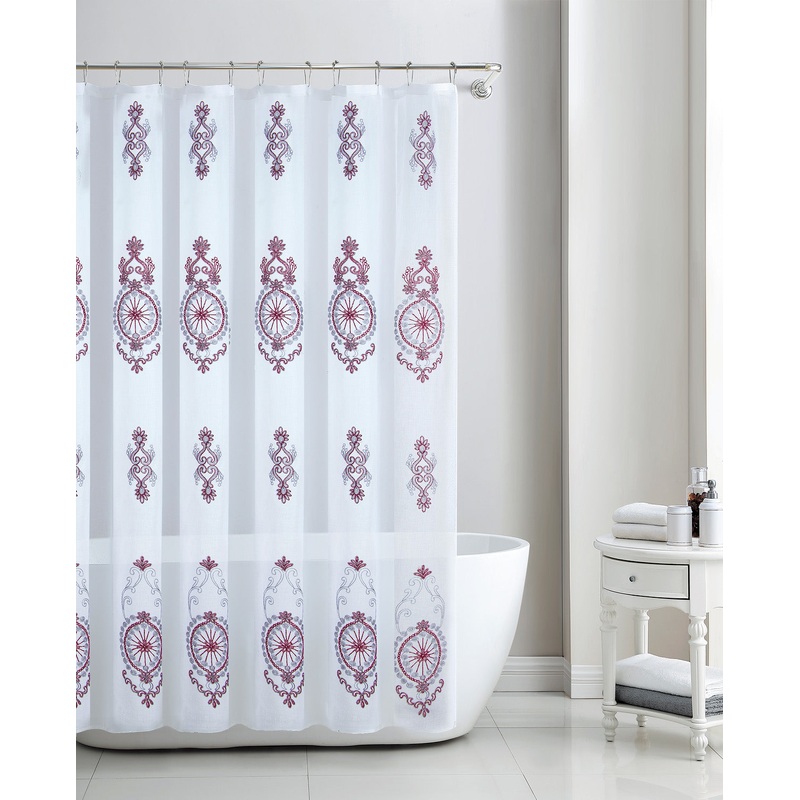 Zena Sheer Damask Embroidered Shower Curtain, Burgundy, 70x72 Inches