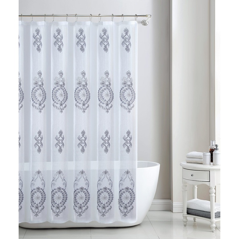 Zena Sheer Damask Embroidered Shower Curtain, Silver, 70x72 Inches