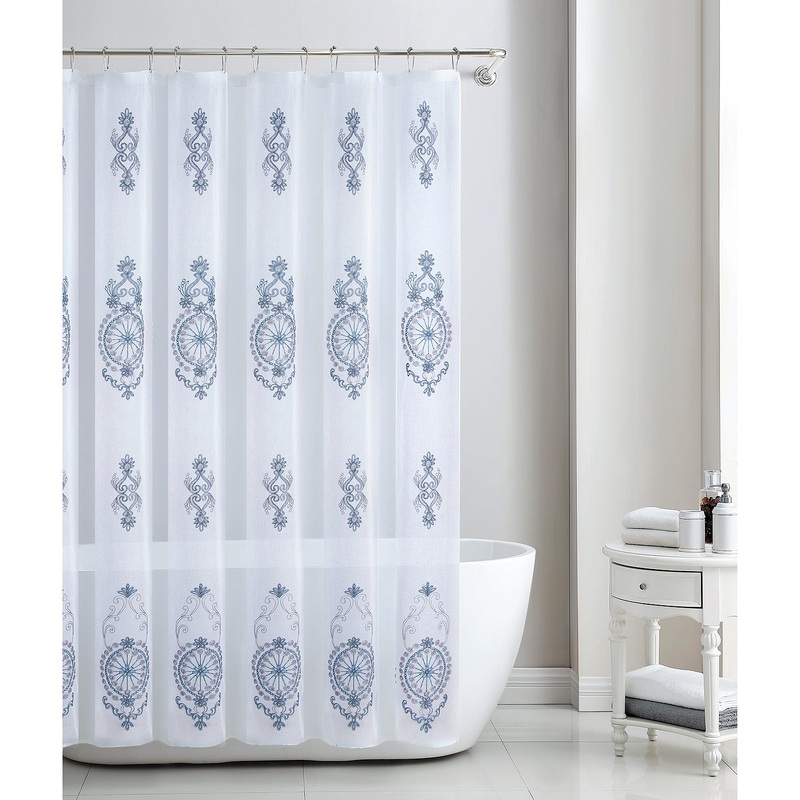 Zena Sheer Damask Embroidered Shower Curtain, Teal, 70x72 Inches