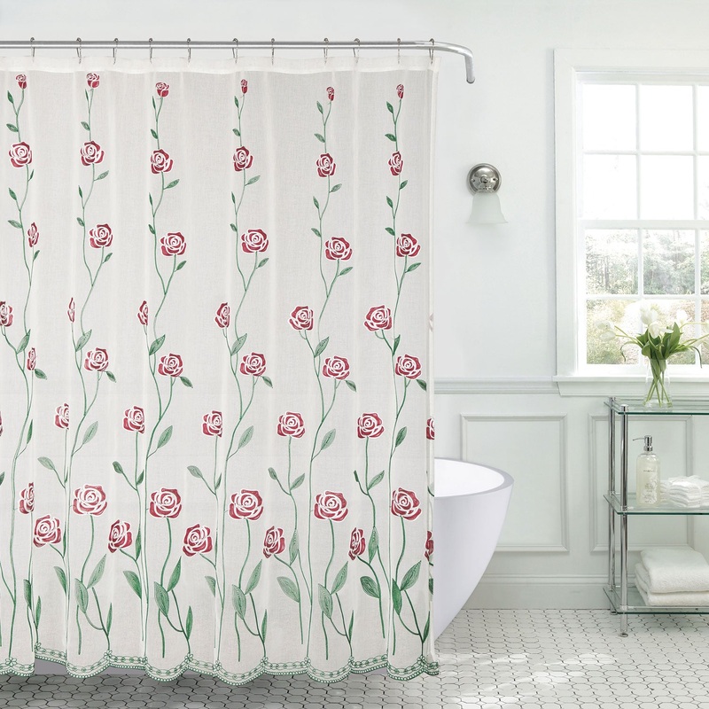 Bella Floral Voile Embroidery Shower Curtain and 12 Metal Hooks Set, 70x72 Inches