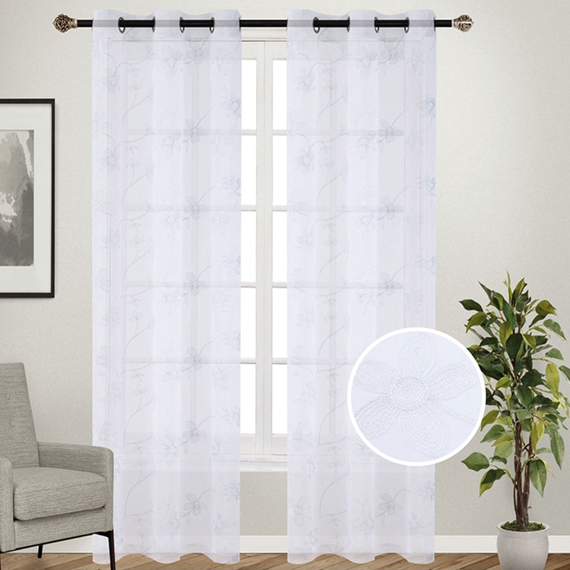 Lorette Floral Embroidered 2-Piece Grommet Sheer Window Panels Set, 38x95 Inches Each