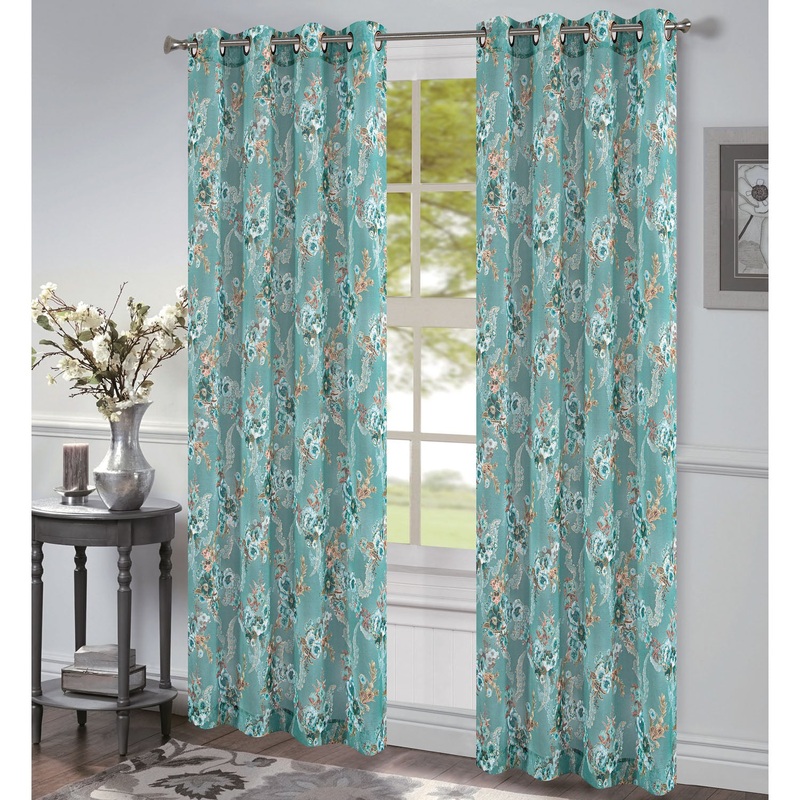 Romy Floral Printed Foil Dolly Sheer Window Grommet Panel, 54x84 Inches