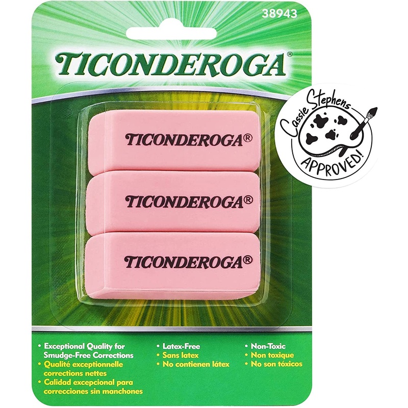 TICONDEROGA Pink Carnation Erasers, Wedge, Medium, Pink, 3 Count