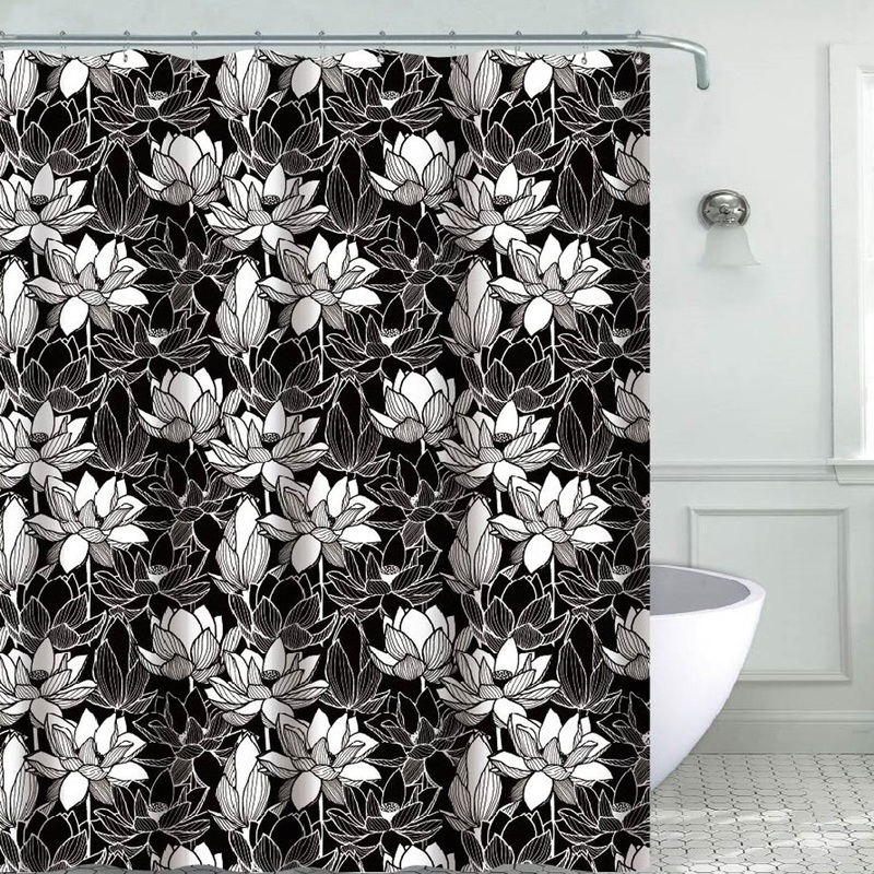 Zilda Floral Printed Canvas Shower Curtain, Black-White, 70x72 Inches