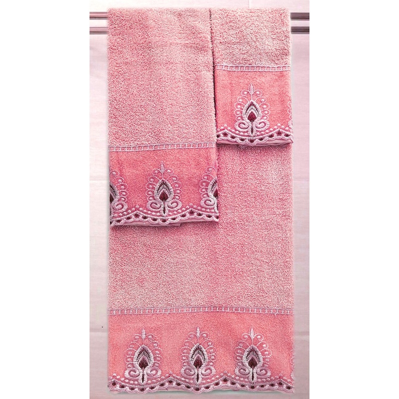 Antilles 3-Piece Floral Embroidered Cotton Decorative Bath Towel Set, Pink