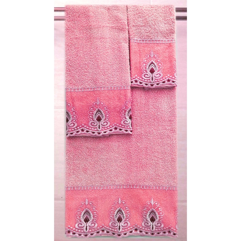 Antilles 3-Piece Floral Embroidered Cotton Decorative Bath Towel Set, Rose