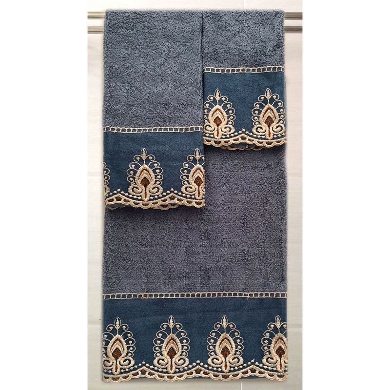 Antilles 3-Piece Floral Embroidered Cotton Decorative Bath Towel Set, Teal