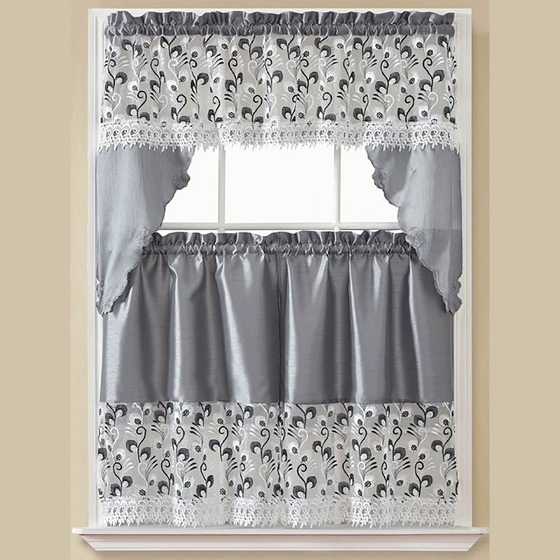 Claudia 3-Piece Embroidery Kitchen Curtain Tier and Swag Set, Silver, 60x36 Inches
