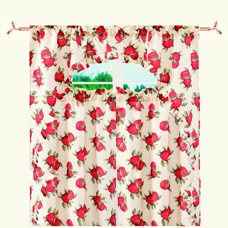 European Apple Kitchen Curtain Set, Swag 60x36, Tiers 30x36 Inches