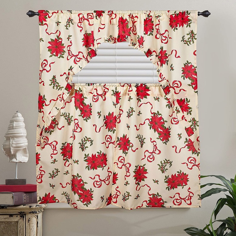 European Seasonal Poinsettia Kitchen Curtain Set, Swag 60x36, Tiers 30x36 Inches