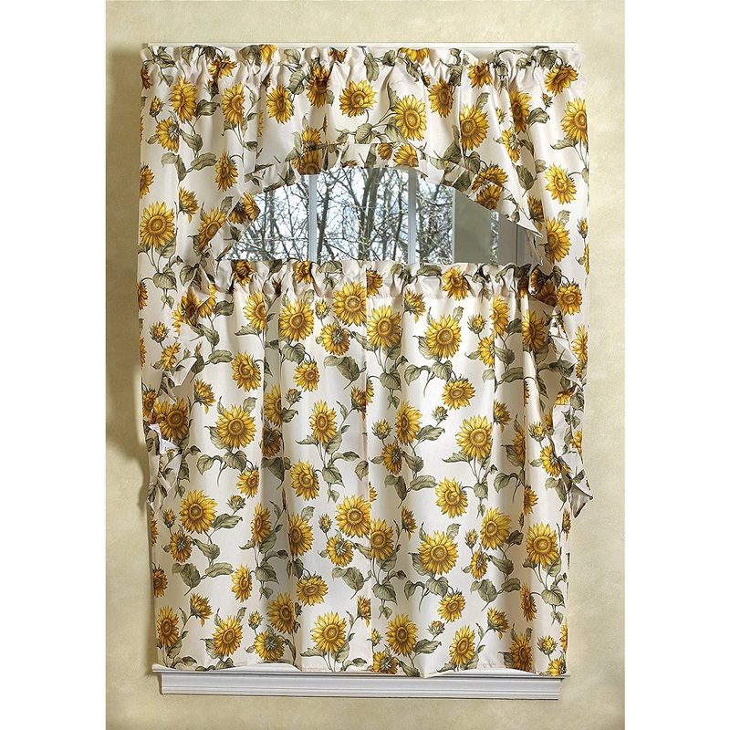 European Sunflower Kitchen Curtain Set, Swag 60x36, Tiers 30x36 Inches