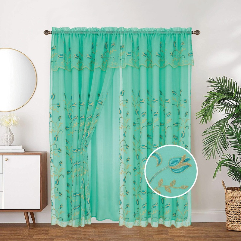 Kylie Embroidered Rod Pocket Window Panel with Attached Valance and Backing, 54x90 Inches