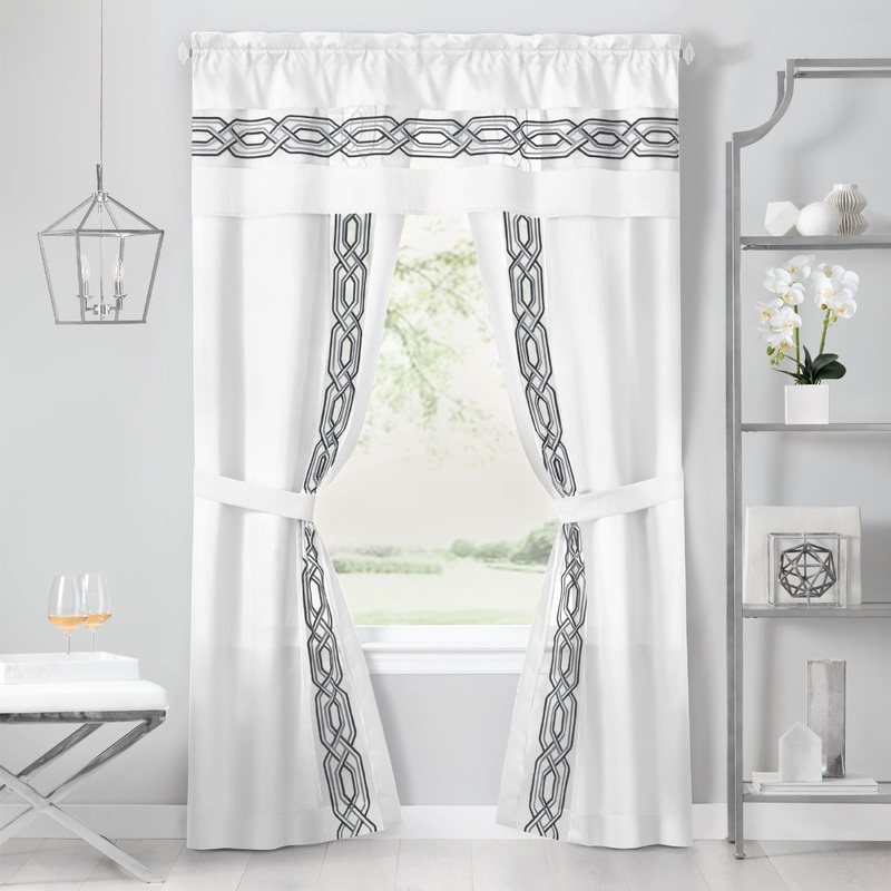 Paige 5-Piece Embroidered Rod Pocket Window Panel Set With Valance and Tiebacks, 55x84 Inches