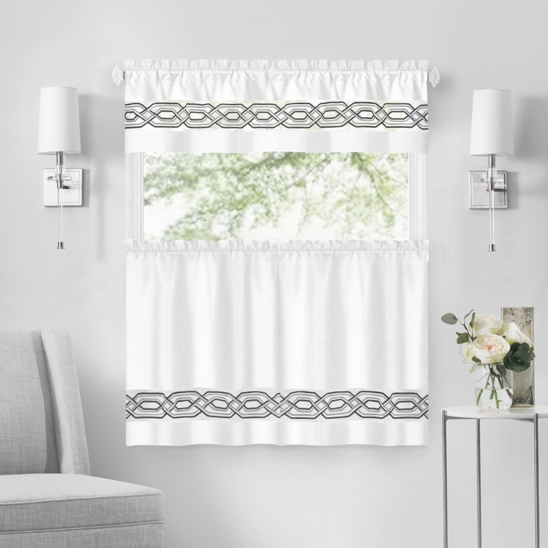 Paige Embroidered Kitchen Curtain and Valance Set, Tiers 55x36, Valance 55x13 Inches