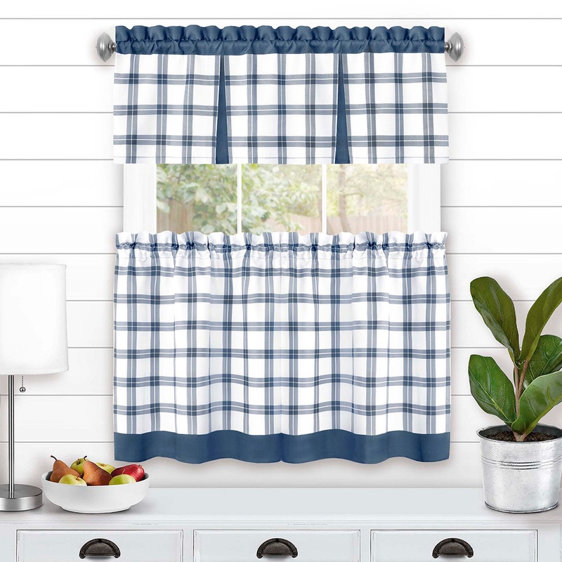 Tate Printed Windowpane Plaid Kitchen Curtain and Valance Set, Tiers 55x36, Valance 56x13 Inches