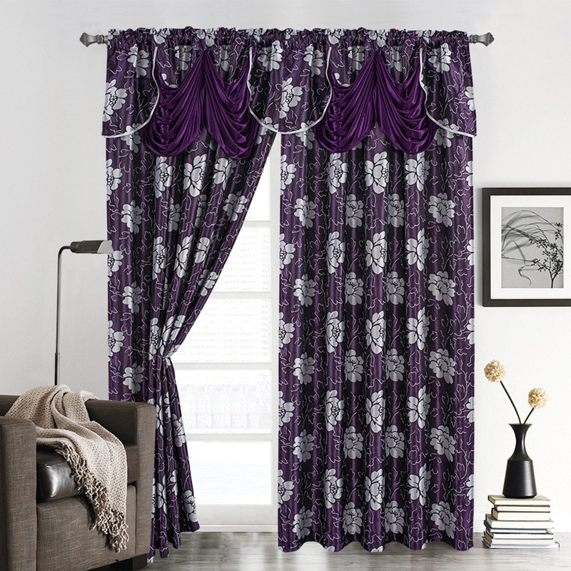 Arlene Floral Jacquard Rod Pocket Window Panel With Valance, 54x84 Inches