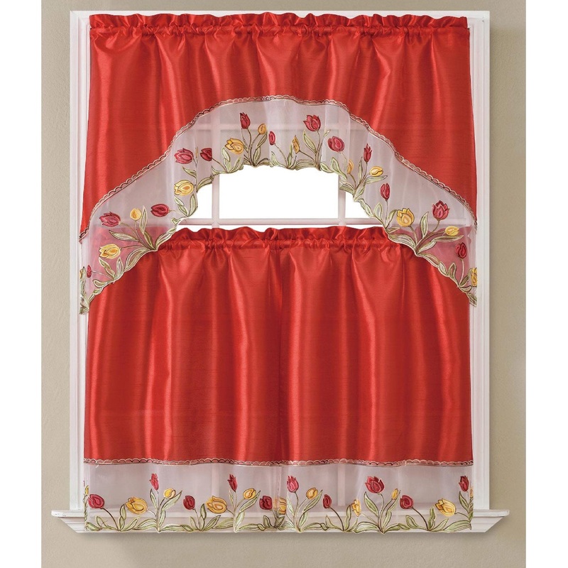 Rosella Tulip Embroidered Kitchen Curtain Set, Red, Swag 60x36, Tiers 30x36 Inches
