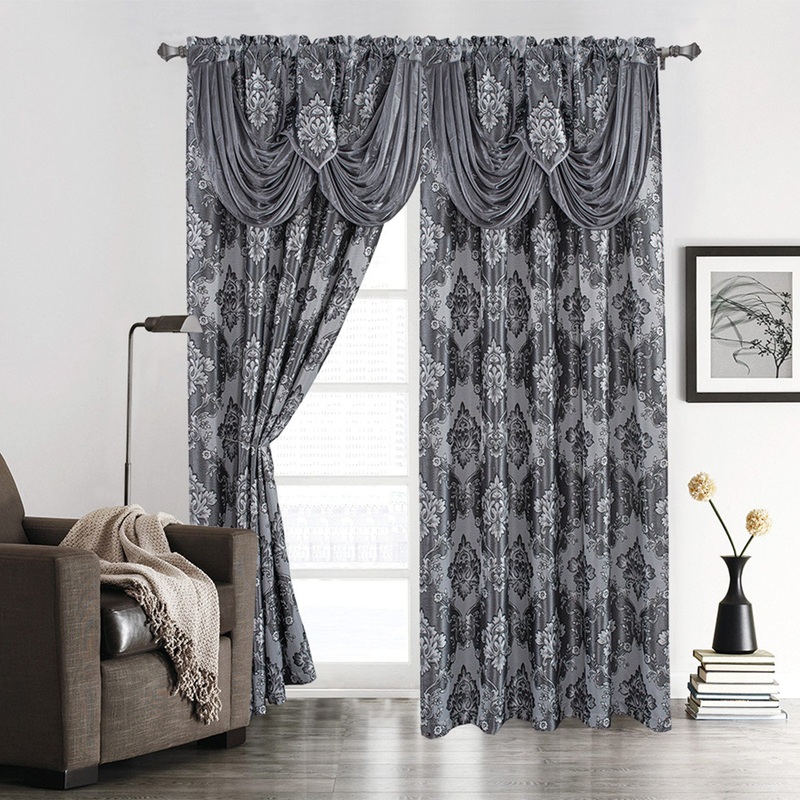 Sheriann Damask Jacquard Rod Pocket Window Panel with Valance, 54x84 Inches