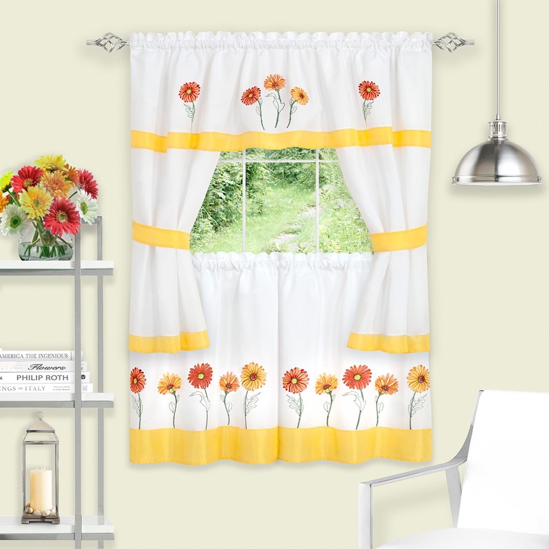 Gerbera Daisy Embellished Cottage Kitchen Curtain Set, 58x36 Inches