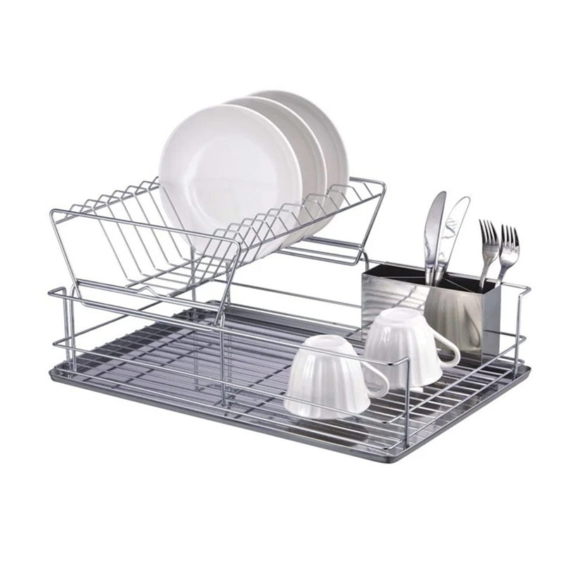 2-Tier Chrome Plated Steel Dish Rack with Removable Trays