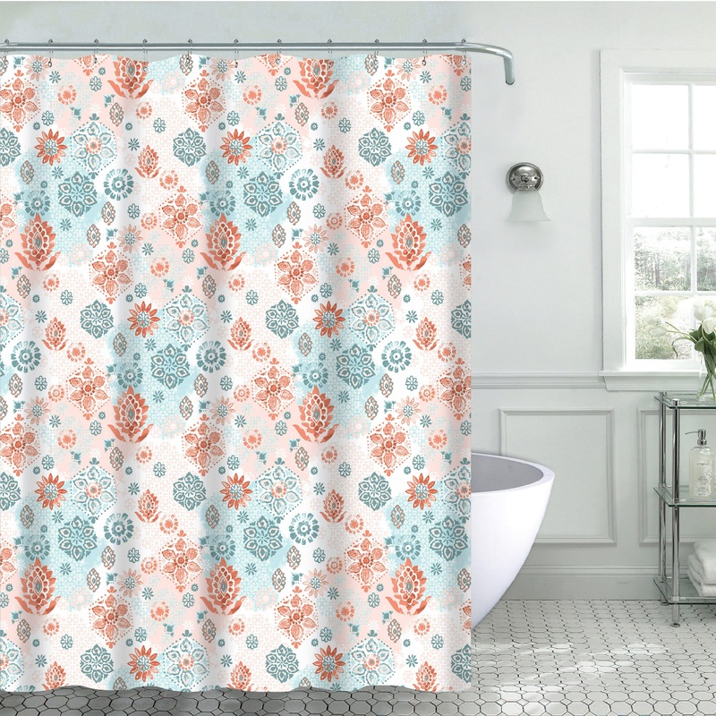 Vida 13-Piece Aztec Floral Canvas Shower Curtain, Beige-Orange-Blue, 70x72 Inches