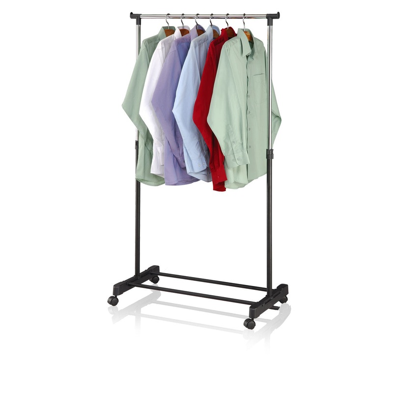 Sunbeam Single Rail Adjustable Rolling Garment and Wardrobe Organizing Rack, Black