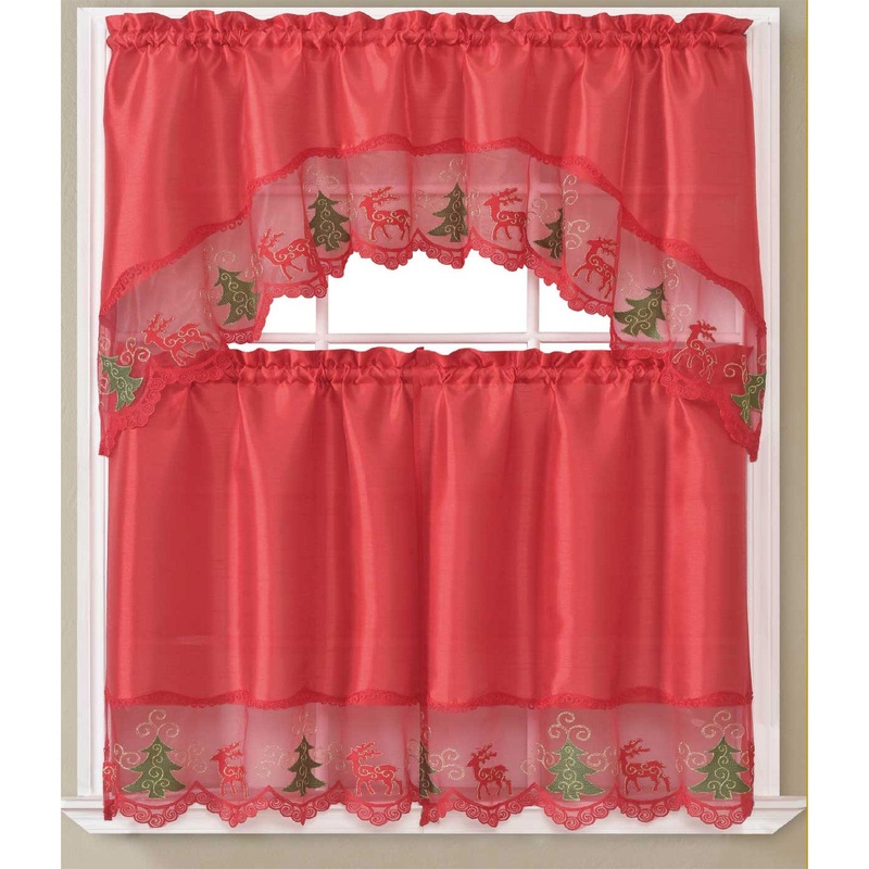 Jovie Christmas Tree Kitchen Curtain Set with Fringes, Red, Swag Valance 60x36, Tiers 30x36 Inches