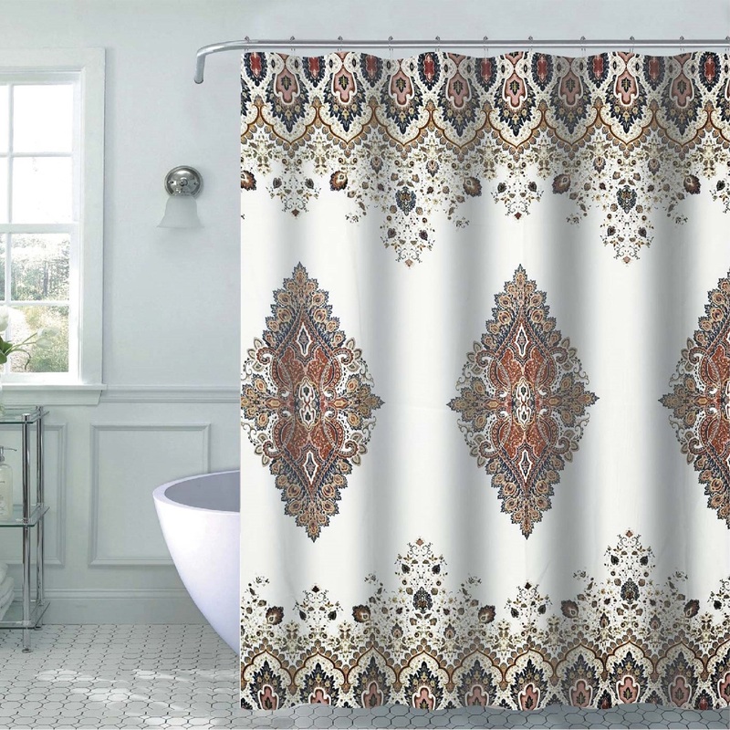 Bahia 13 Piece Damask Canvas Shower Curtain with Hooks, Ivory-Brown, 70x72 Inches