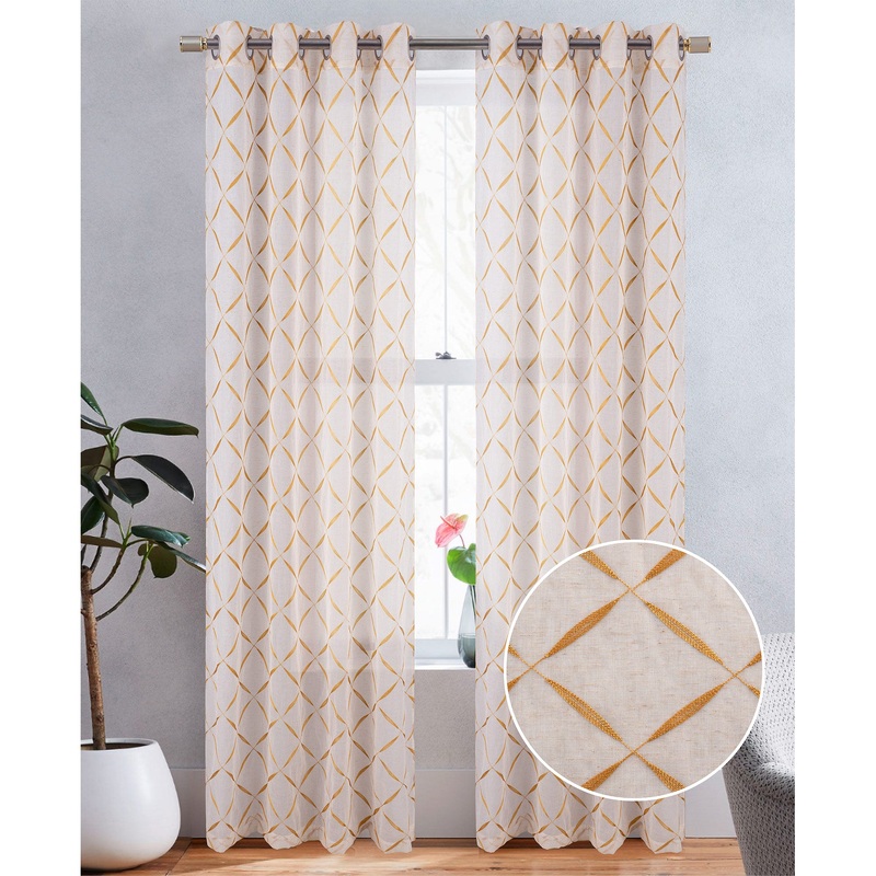 Boca Metallic Embroidered Linen Look Grommet Window Curtain Panel, 54x84 Inches