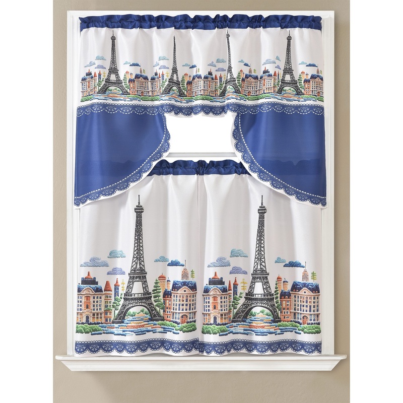 Carrie Paris 3D Kitchen Curtain Set, Navy, Swag Valance 60x36, Tiers 30x36 Inches