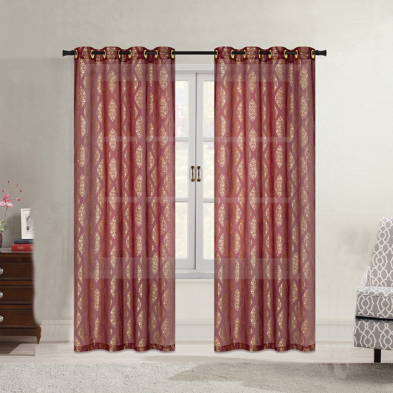 Karson Damask Foil Printed Sheer Grommet Window Panel, 54x84 Inches