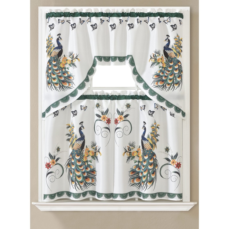 Kiera Peacock 3D Kitchen Curtain Set, Green, Swag Valance 60x36, Tiers 30x36 Inches