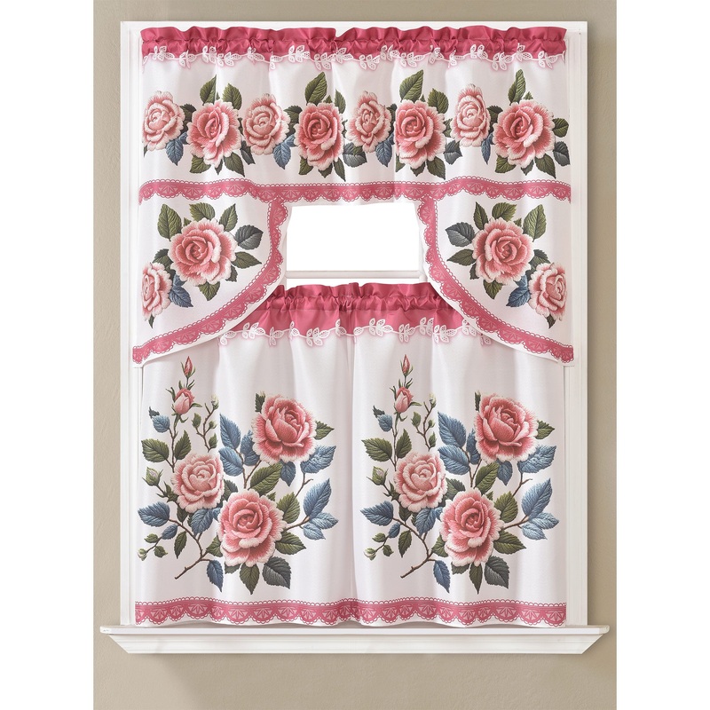 Melrose Rose 3D Kitchen Curtain Set, Pink, Swag Valance 60x36, Tiers 30x36 Inches