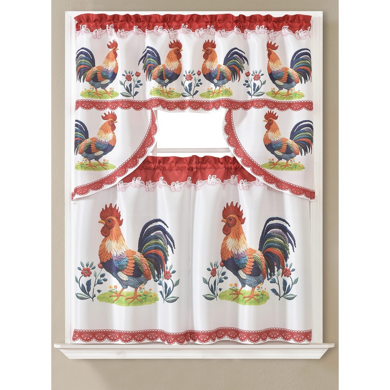 Robin Rooster 3D Kitchen Curtain Set, Burgundy, Swag Valance 60x36, Tiers 30x36 Inches