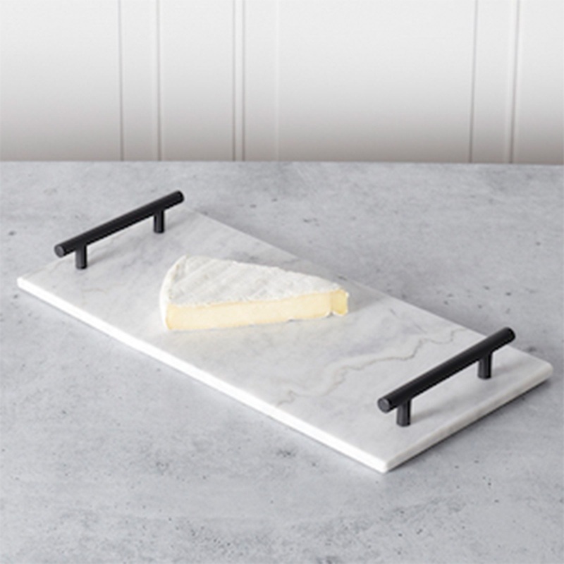 Sophia Grace Rectangle Marble Serving Tray, White Marble, Black Handles, 15.75x8x1.5 Inches