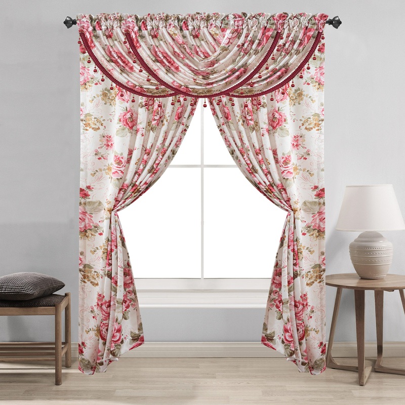 Teagan Floral Printed Crushed Satin Rod Pocket Window Panel and Waterfall Valance Treatments