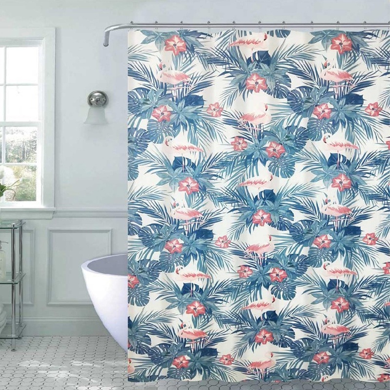 Wendy 13-Piece Tropical Palm Canvas Shower Curtain, Blue-Pink-White, 70x72 Inches
