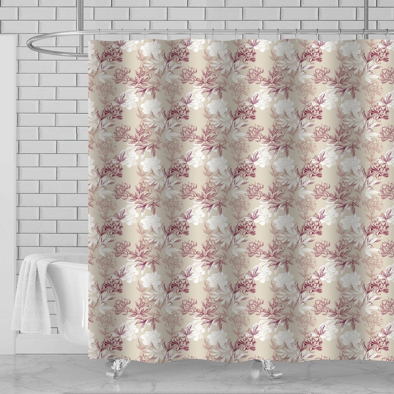 Zehra 13-Piece Floral Motif Canvas Shower Curtain, Beige-Burgundy, 70x72 Inches
